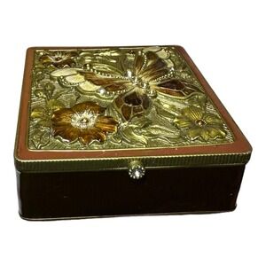 Vintage Metal Enamel Jeweled Butterflies Flowers Trinket Jewelry‎ Box w Mirror